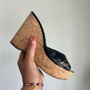 Jimmy Choo Black Patent Leather 120 mm Perfume Cork Platform Wedge Slides